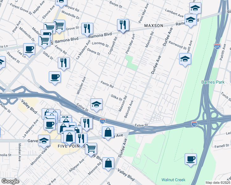 map of restaurants, bars, coffee shops, grocery stores, and more near 12143 Sitka Street in El Monte