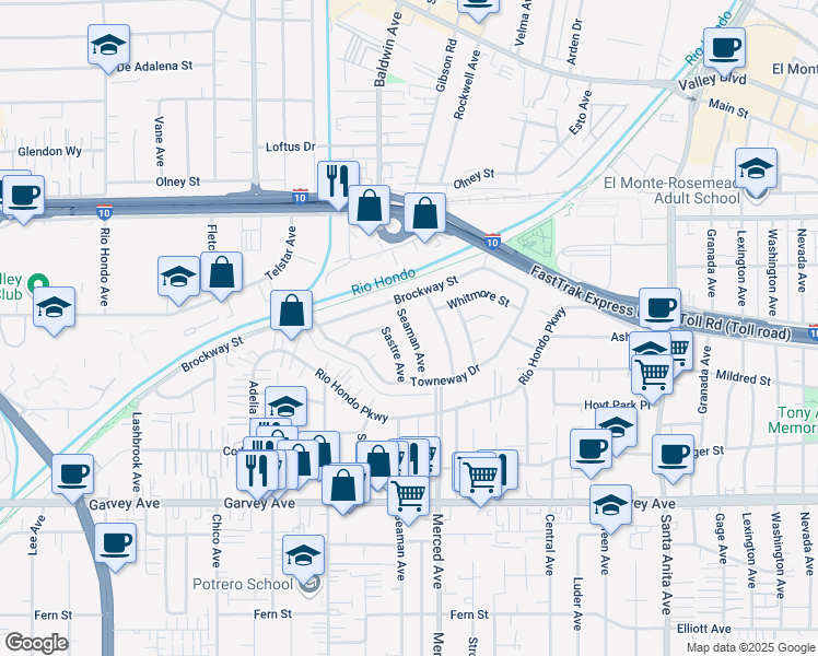 map of restaurants, bars, coffee shops, grocery stores, and more near 3346 Sastre Avenue in El Monte