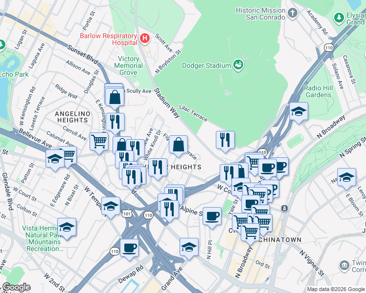 map of restaurants, bars, coffee shops, grocery stores, and more near 956 Centennial Street in Los Angeles