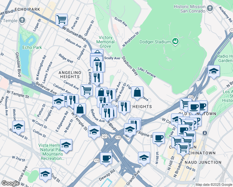 map of restaurants, bars, coffee shops, grocery stores, and more near 929 White Knoll Drive in Los Angeles