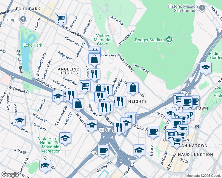 map of restaurants, bars, coffee shops, grocery stores, and more near 929 White Knoll Drive in Los Angeles