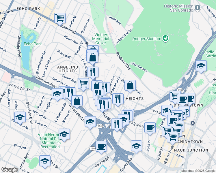 map of restaurants, bars, coffee shops, grocery stores, and more near 929 White Knoll Drive in Los Angeles