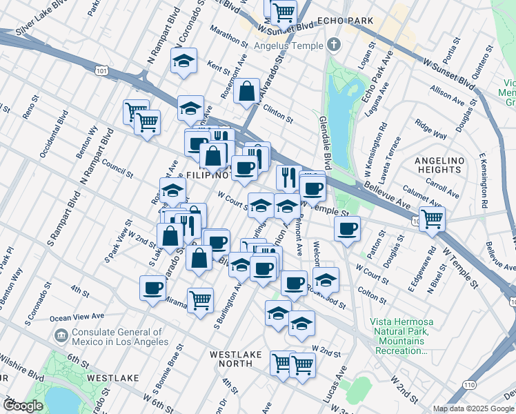 map of restaurants, bars, coffee shops, grocery stores, and more near 1818 West Court Street in Los Angeles
