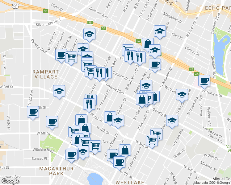 map of restaurants, bars, coffee shops, grocery stores, and more near 120 South Carondelet Street in Los Angeles