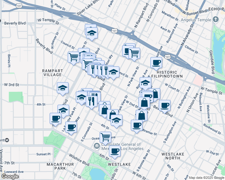 map of restaurants, bars, coffee shops, grocery stores, and more near 140 South Coronado Street in Los Angeles