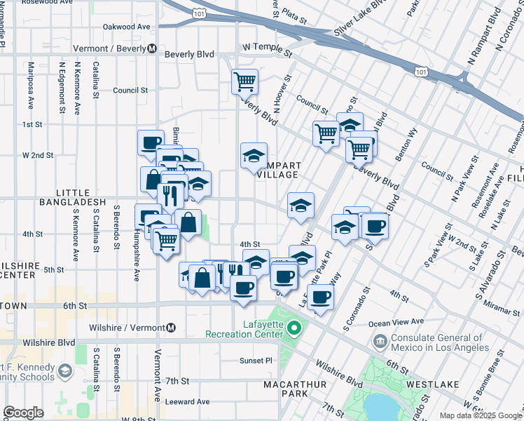 map of restaurants, bars, coffee shops, grocery stores, and more near 328 South Commonwealth Avenue in Los Angeles