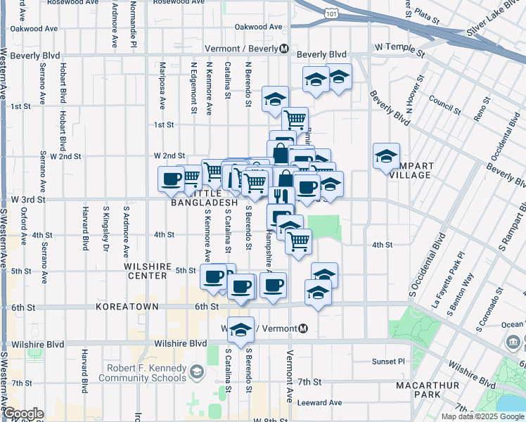 map of restaurants, bars, coffee shops, grocery stores, and more near 330 South New Hampshire Avenue in Los Angeles