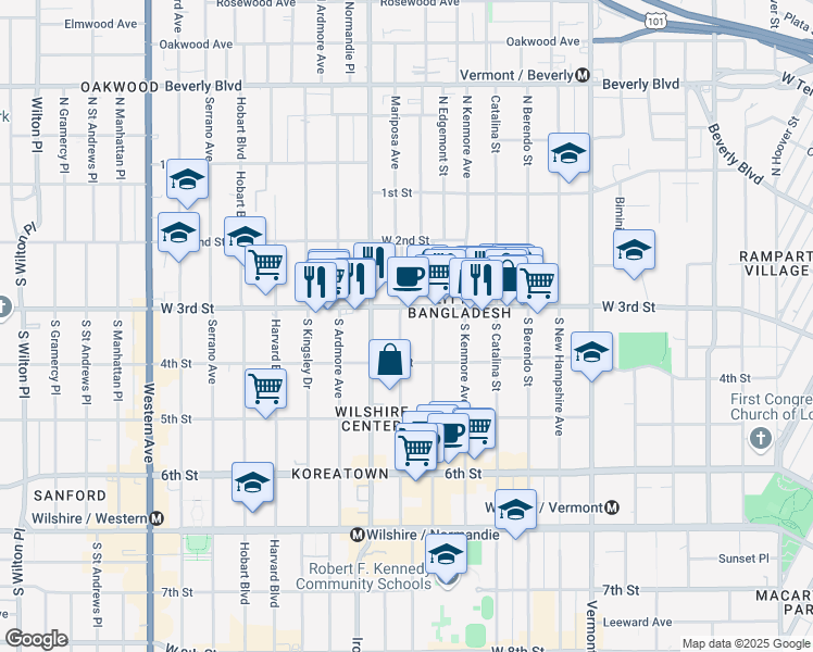 map of restaurants, bars, coffee shops, grocery stores, and more near 330 South Mariposa Avenue in Los Angeles