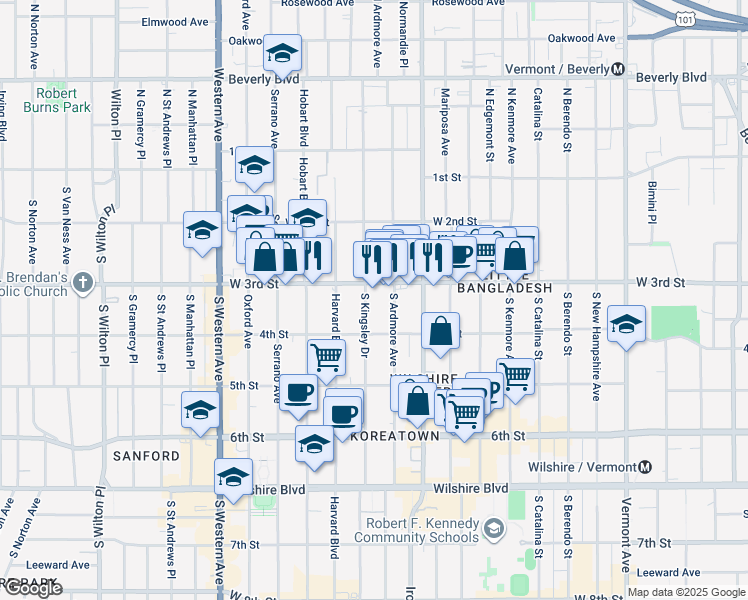 map of restaurants, bars, coffee shops, grocery stores, and more near 331 South Ardmore Avenue in Los Angeles
