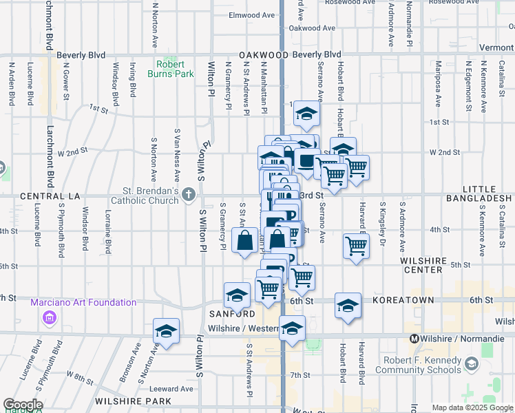 map of restaurants, bars, coffee shops, grocery stores, and more near 333 South Manhattan Place in Los Angeles