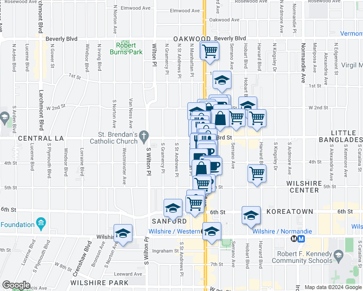 map of restaurants, bars, coffee shops, grocery stores, and more near 333 South Manhattan Place in Los Angeles