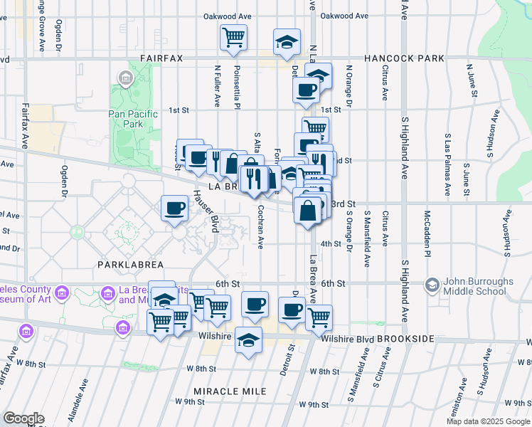 map of restaurants, bars, coffee shops, grocery stores, and more near 336 South Cochran Avenue in Los Angeles