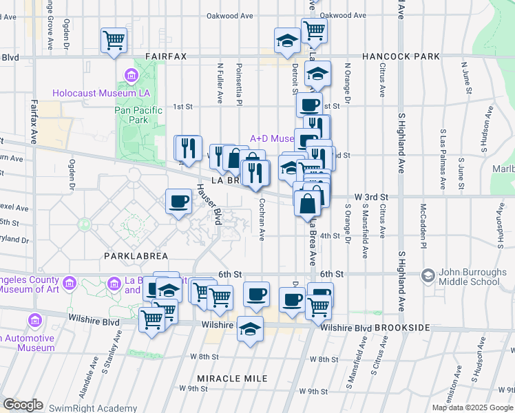 map of restaurants, bars, coffee shops, grocery stores, and more near 336 South Cochran Avenue in Los Angeles