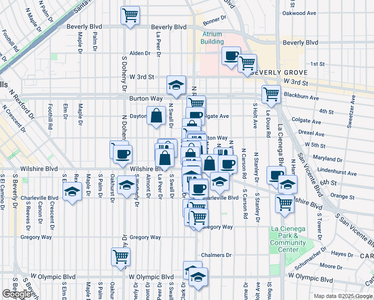 map of restaurants, bars, coffee shops, grocery stores, and more near 124 North Clark Drive in Beverly Hills