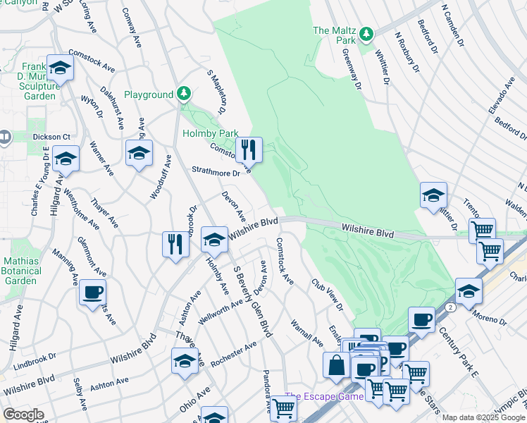 map of restaurants, bars, coffee shops, grocery stores, and more near 875 Comstock Avenue in Los Angeles