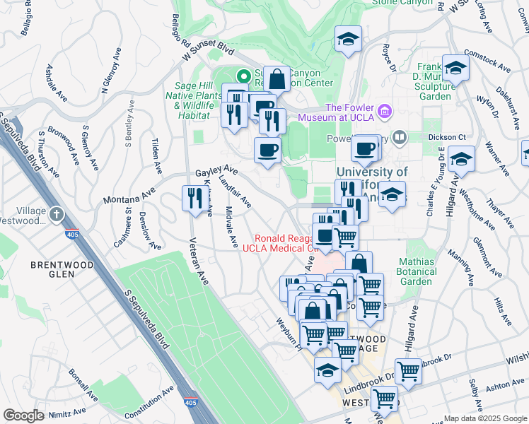 map of restaurants, bars, coffee shops, grocery stores, and more near 519 Landfair Avenue in Los Angeles