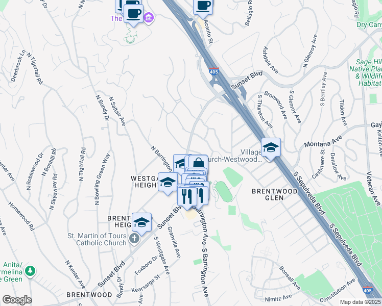 map of restaurants, bars, coffee shops, grocery stores, and more near 11590 Sunset Boulevard in Los Angeles