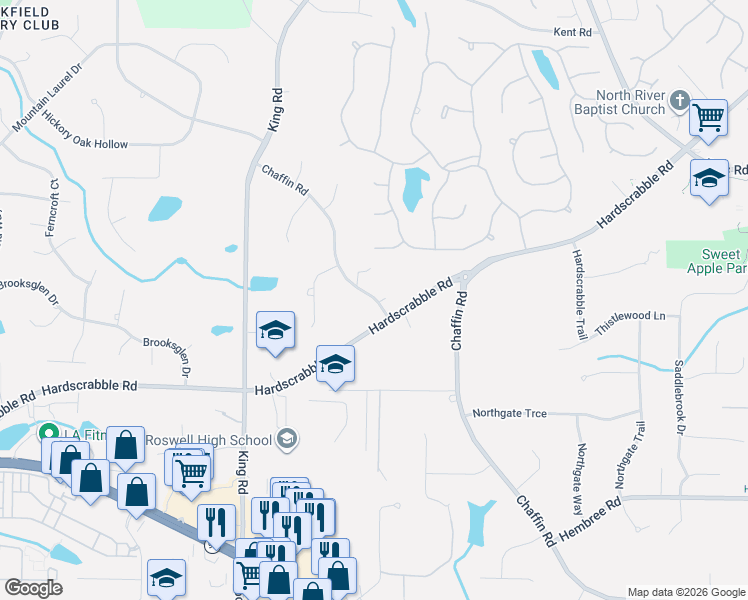 map of restaurants, bars, coffee shops, grocery stores, and more near 590 Hardscrabble Road in Roswell