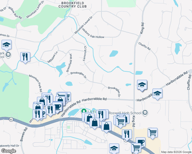 map of restaurants, bars, coffee shops, grocery stores, and more near 555 Terrace Oaks Drive in Roswell