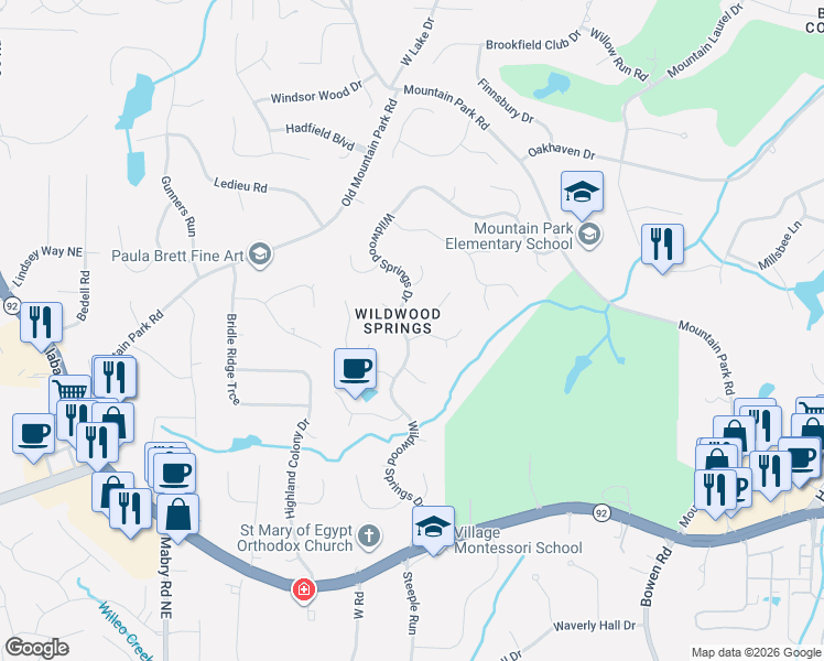 map of restaurants, bars, coffee shops, grocery stores, and more near 405 Holly Stream Trail in Roswell