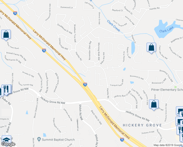 map of restaurants, bars, coffee shops, grocery stores, and more near 4486 Hamby Pond Place in Acworth
