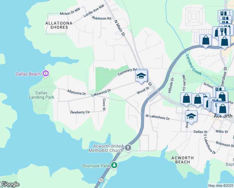 map of restaurants, bars, coffee shops, grocery stores, and more near 4847 Lakewood Drive in Acworth