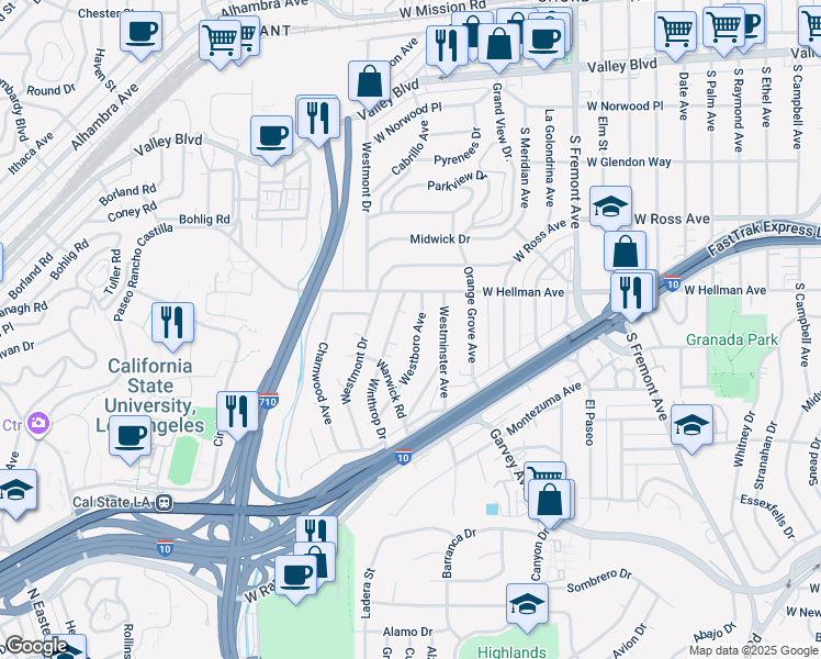 map of restaurants, bars, coffee shops, grocery stores, and more near 2133 Westboro Avenue in Alhambra