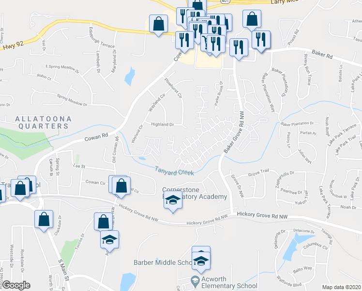 map of restaurants, bars, coffee shops, grocery stores, and more near 566 Windcroft Court Northwest in Acworth