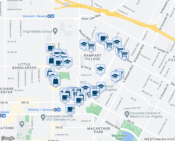 map of restaurants, bars, coffee shops, grocery stores, and more near 312 South Commonwealth Avenue in Los Angeles