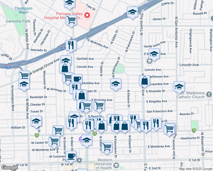 map of restaurants, bars, coffee shops, grocery stores, and more near 342 East Columbia Avenue in Pomona