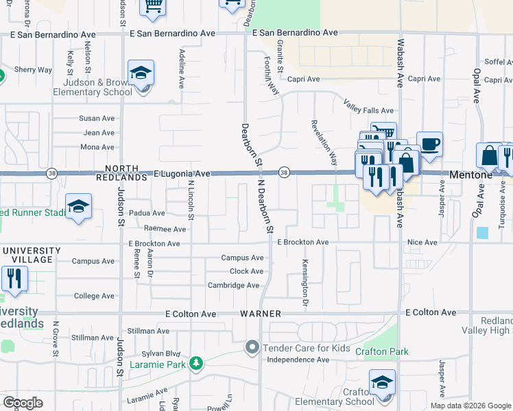 map of restaurants, bars, coffee shops, grocery stores, and more near 1205 North Dearborn Street in Redlands
