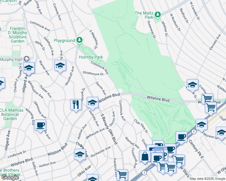 map of restaurants, bars, coffee shops, grocery stores, and more near 875 Comstock Avenue in Los Angeles