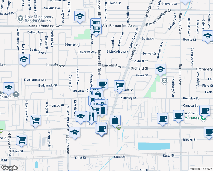 map of restaurants, bars, coffee shops, grocery stores, and more near 1624 Granada Place in Pomona