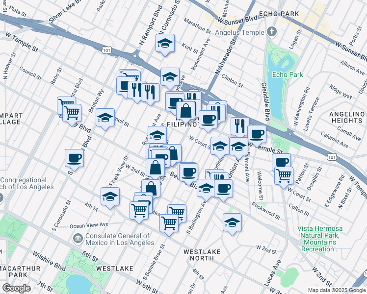 map of restaurants, bars, coffee shops, grocery stores, and more near 2 North Alvarado Street in Los Angeles