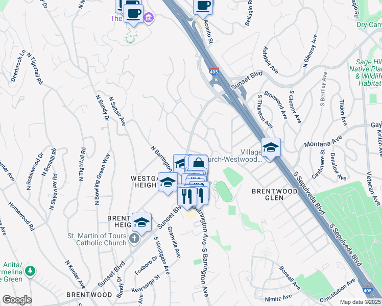 map of restaurants, bars, coffee shops, grocery stores, and more near 11590 Sunset Boulevard in Los Angeles