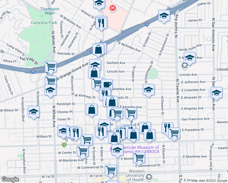 map of restaurants, bars, coffee shops, grocery stores, and more near 197 East Alvarado Street in Pomona