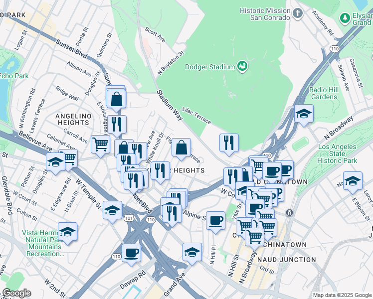 map of restaurants, bars, coffee shops, grocery stores, and more near 956 Centennial Street in Los Angeles