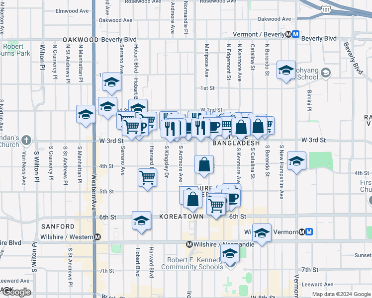 map of restaurants, bars, coffee shops, grocery stores, and more near 320 South Ardmore Avenue in Los Angeles