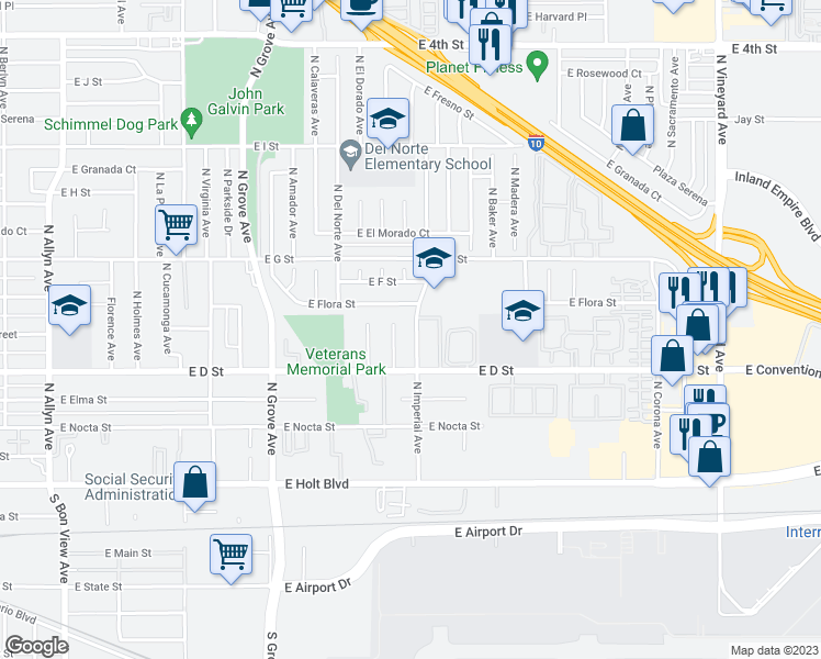 map of restaurants, bars, coffee shops, grocery stores, and more near 507 North Imperial Avenue in Ontario