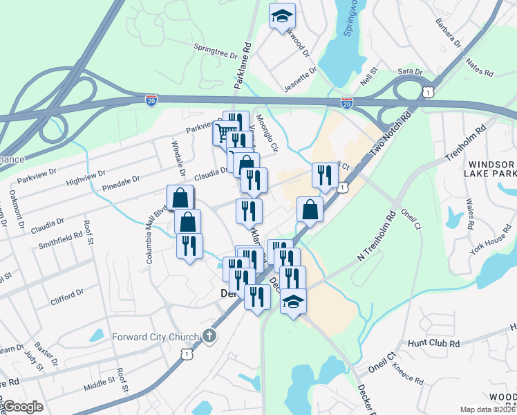 map of restaurants, bars, coffee shops, grocery stores, and more near 7128 Parklane Road in Columbia