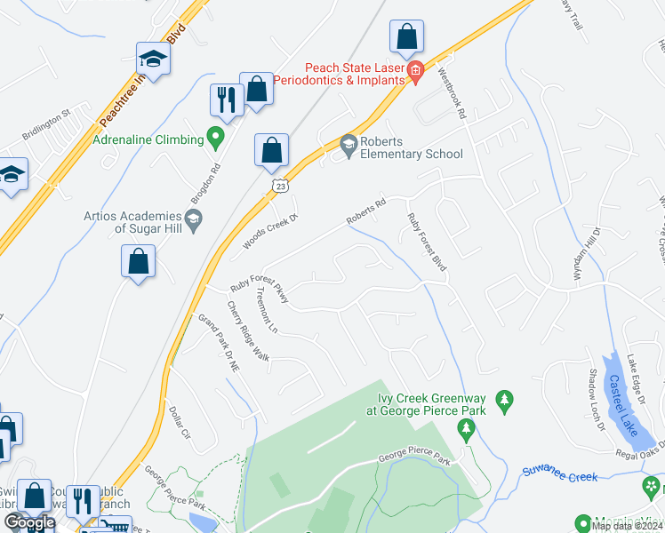 map of restaurants, bars, coffee shops, grocery stores, and more near 224 Azalea Chase Drive in Suwanee
