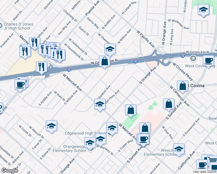 map of restaurants, bars, coffee shops, grocery stores, and more near South Sunkist Avenue & Elder Street in West Covina