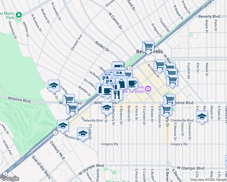 map of restaurants, bars, coffee shops, grocery stores, and more near 441 North Roxbury Drive in Beverly Hills