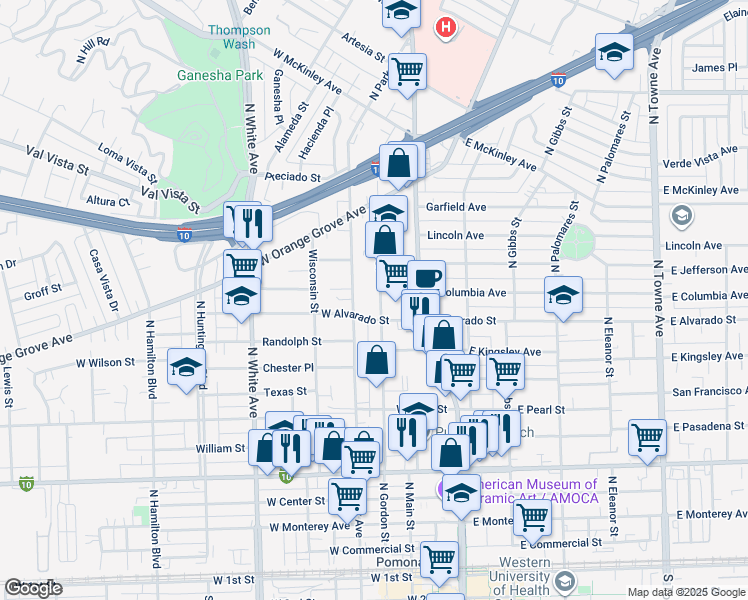 map of restaurants, bars, coffee shops, grocery stores, and more near 1063 North Gordon Street in Pomona