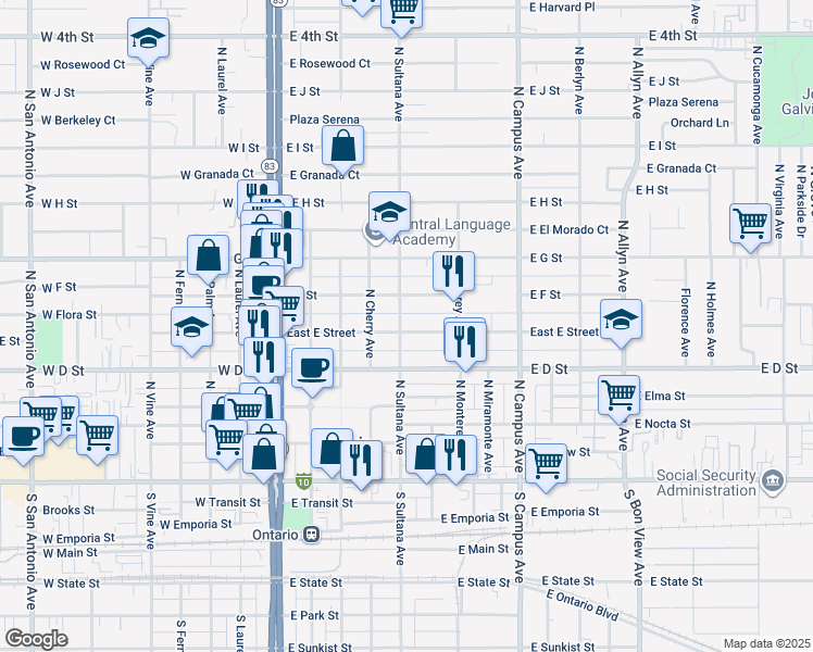 map of restaurants, bars, coffee shops, grocery stores, and more near 420 East E Street in Ontario