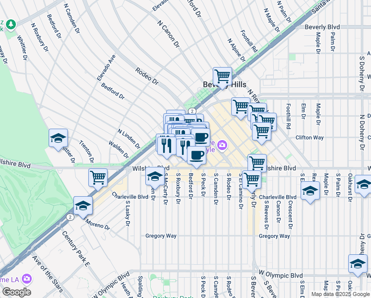 map of restaurants, bars, coffee shops, grocery stores, and more near 415 Bedford Drive in Beverly Hills