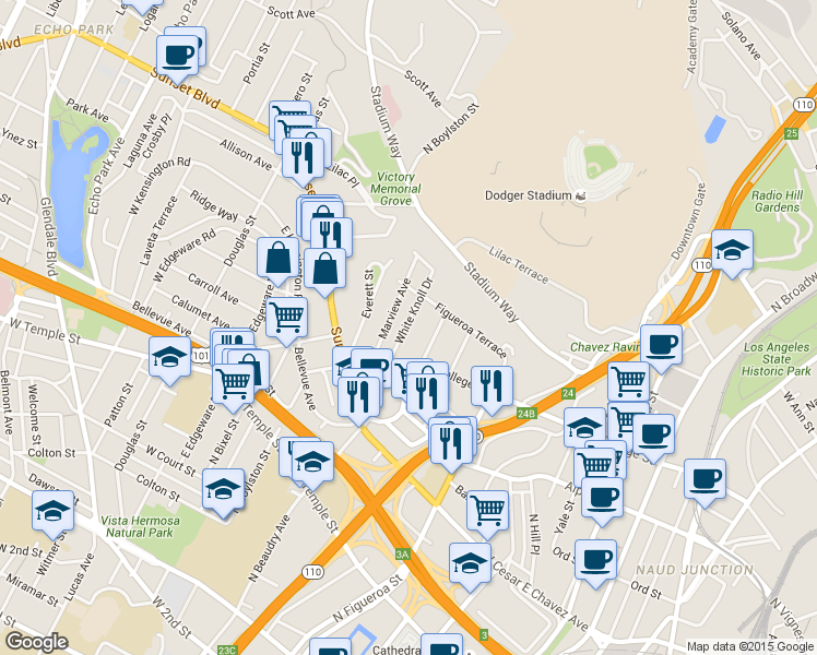 map of restaurants, bars, coffee shops, grocery stores, and more near 954 White Knoll Drive in Los Angeles