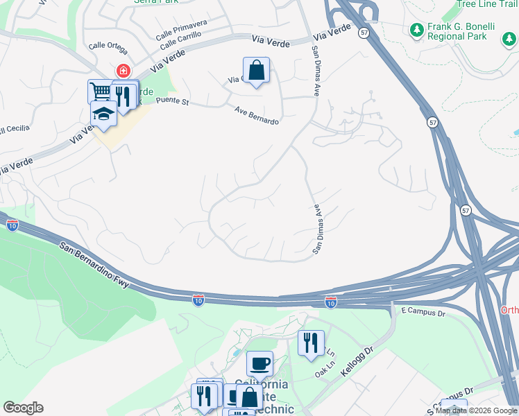 map of restaurants, bars, coffee shops, grocery stores, and more near 2310 Calle Agata in San Dimas
