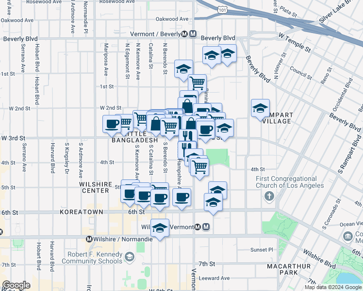 map of restaurants, bars, coffee shops, grocery stores, and more near 316 South New Hampshire Avenue in Los Angeles