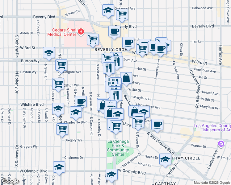 map of restaurants, bars, coffee shops, grocery stores, and more near 150 North La Cienega Boulevard in Beverly Hills